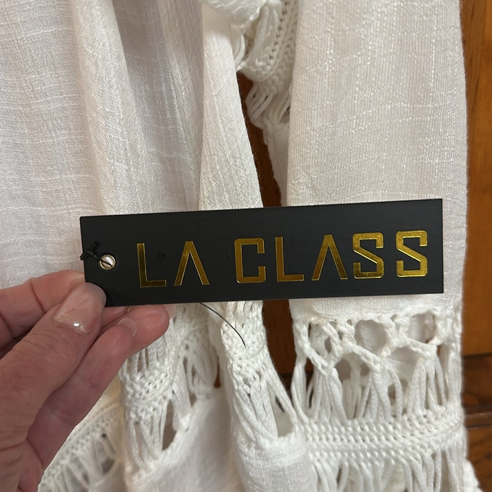 LA Class Crocheted Double V-Neck Oversized White Sheer Crepe Longline Top NWT M - Picture 9 of 12